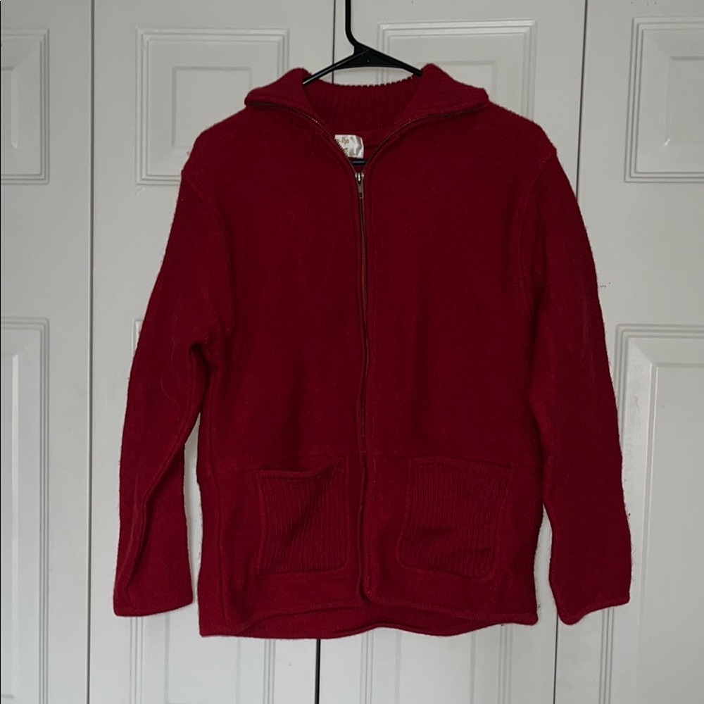 100% Wool Zip-Up Red Sweater